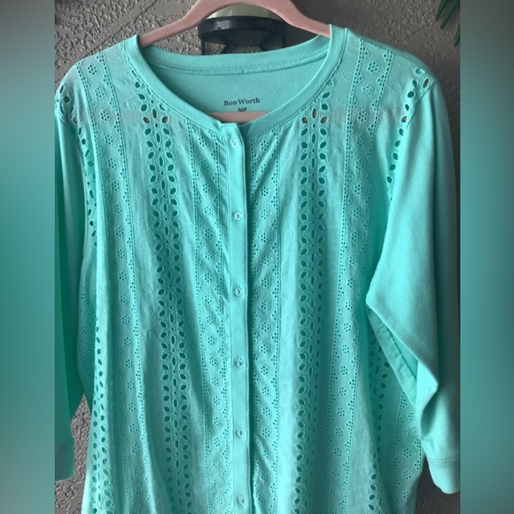 Bon Worth shirt jacket see through crocheted look . Light green size MP … - Picture 3 of 9